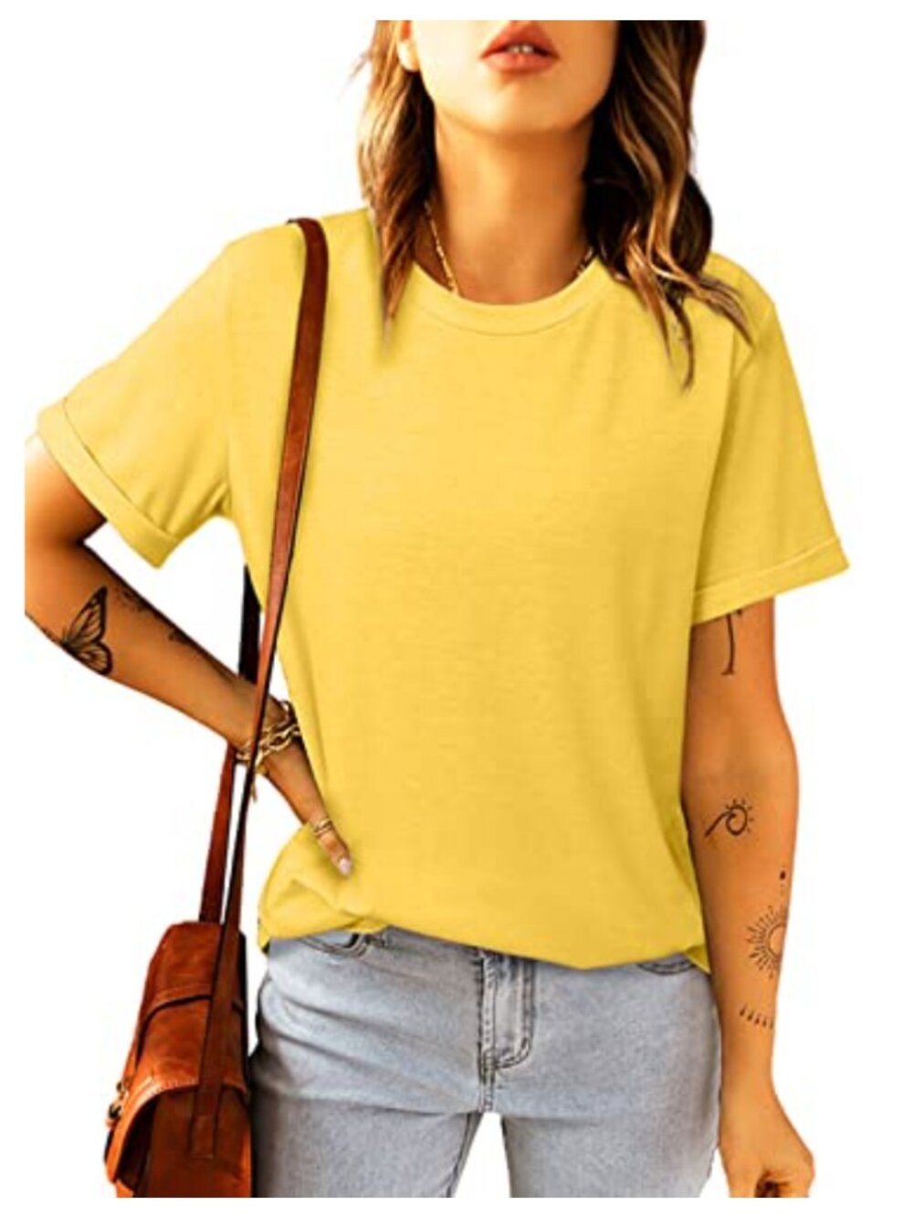 Women's Casual Short Sleeve T-Shirt Crew Neck Rolled Cuff Summer Top